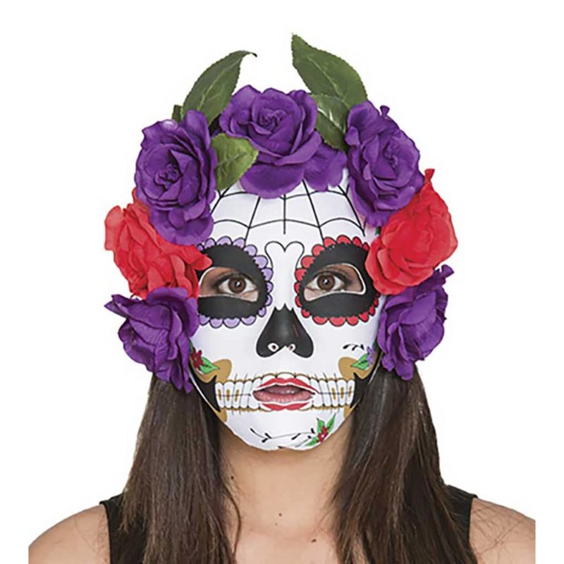 Máscara catrina com flores lilases-vermelhas